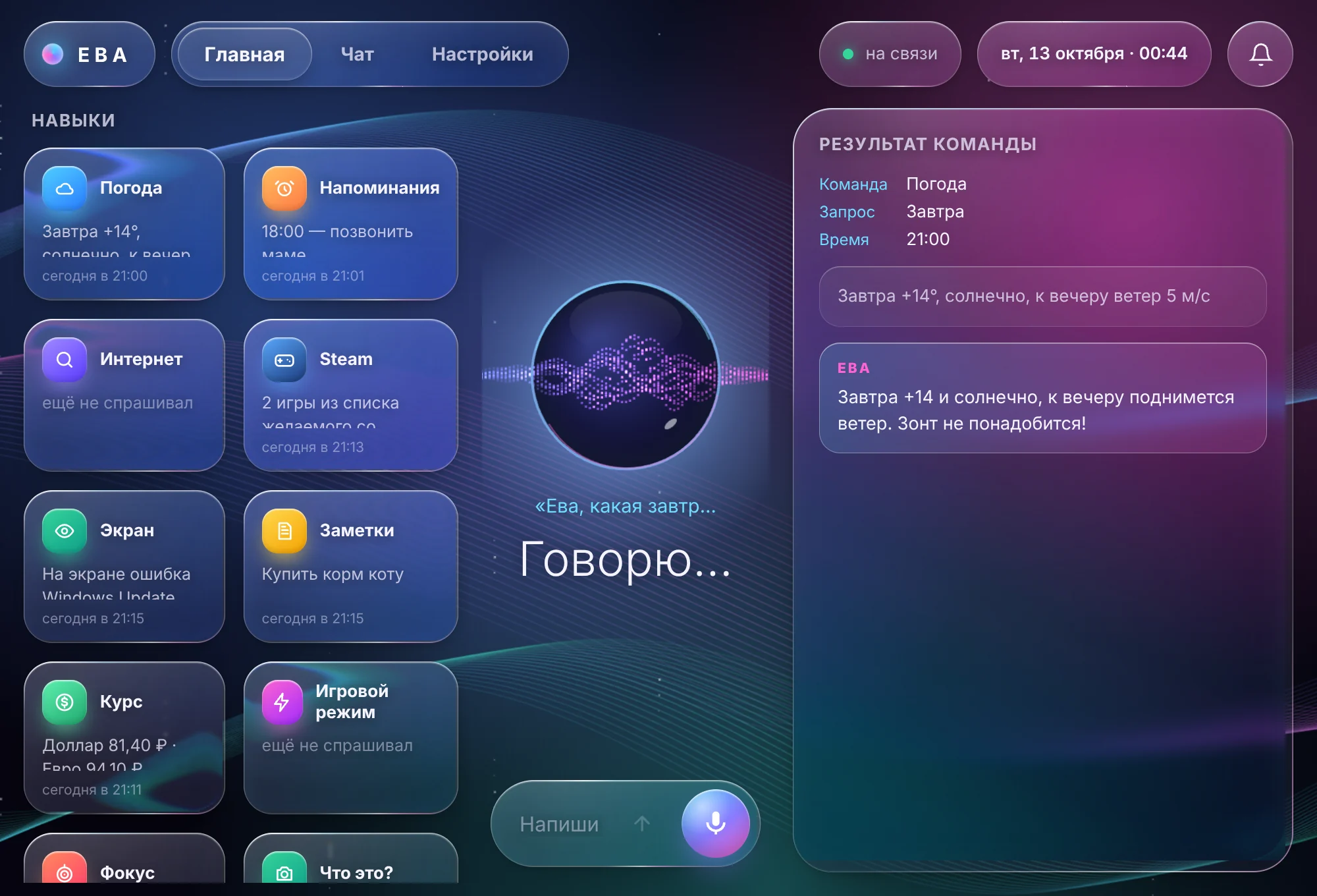 Панель Евы: навыки, результат команды, живой шар